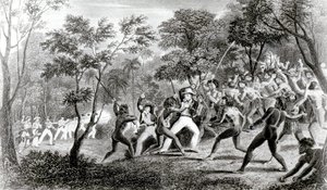 Útok domorodců z ostrovů Gambier, vyrytý Edward Finden, 1831 od Richard B. Beechey